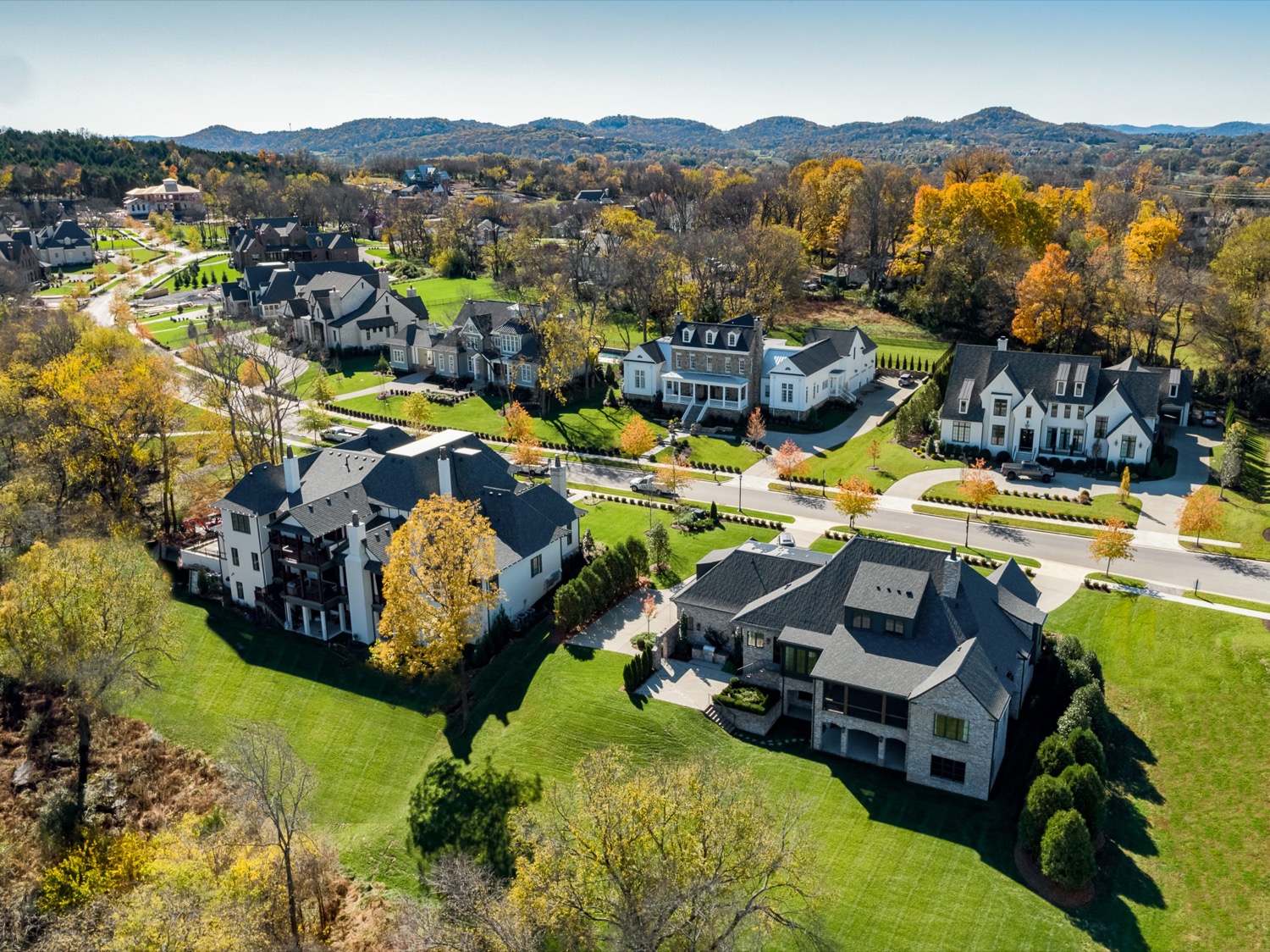 Aerial view of a tree-lined Brentwood neighborhood with large homes and rolling hills.
