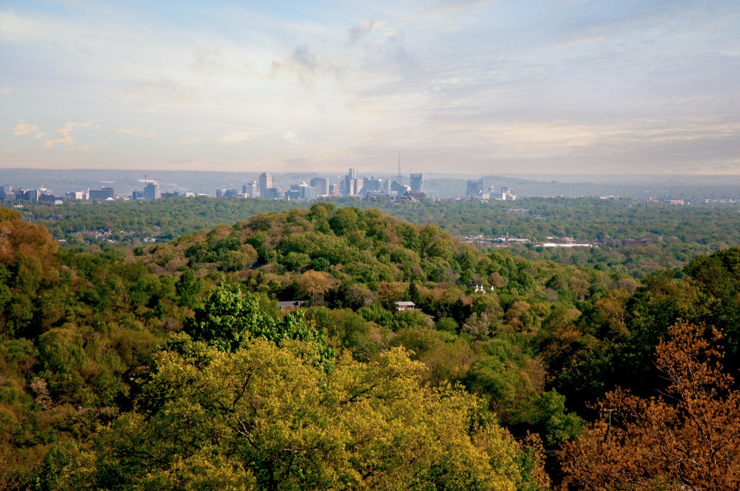 Tree-covered hills and the Nashville skyline seen from Forest Hills.