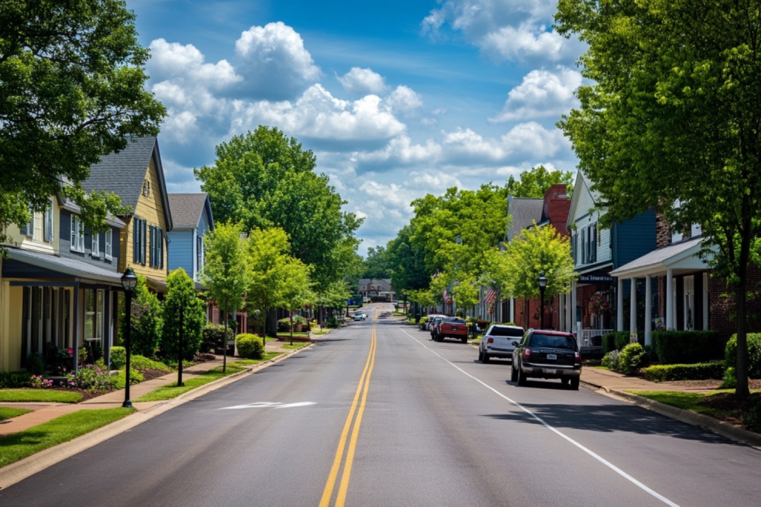 Tree-lined small-town streetscape in Mount Juliet, Tennessee.